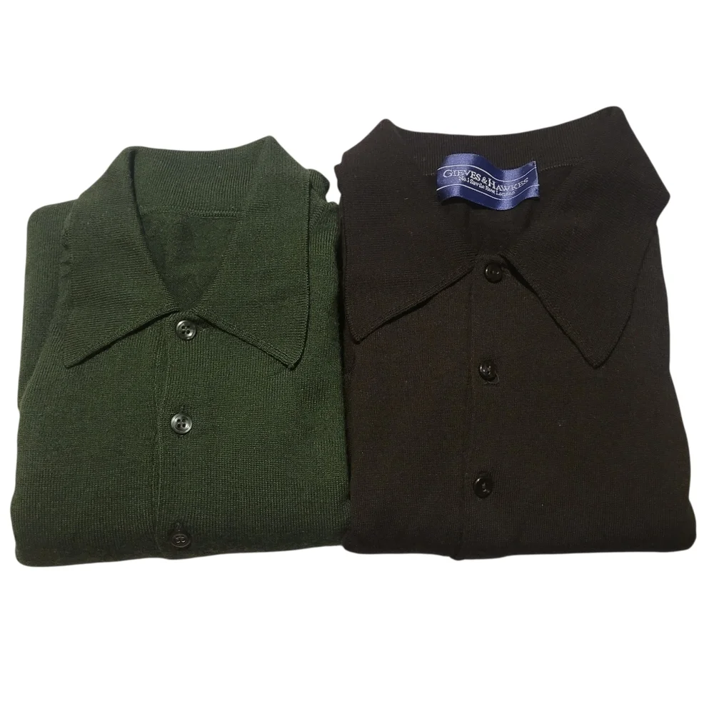 Vtg Gieves Hawkes Collared Sweater Mens Large Pure Wool Pullover Green Black 2pc